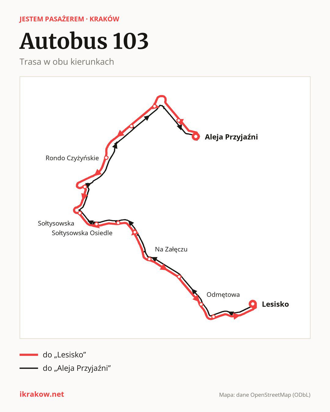 Autobus 103 w Krakowie na mapie: trasa w obu kierunkach