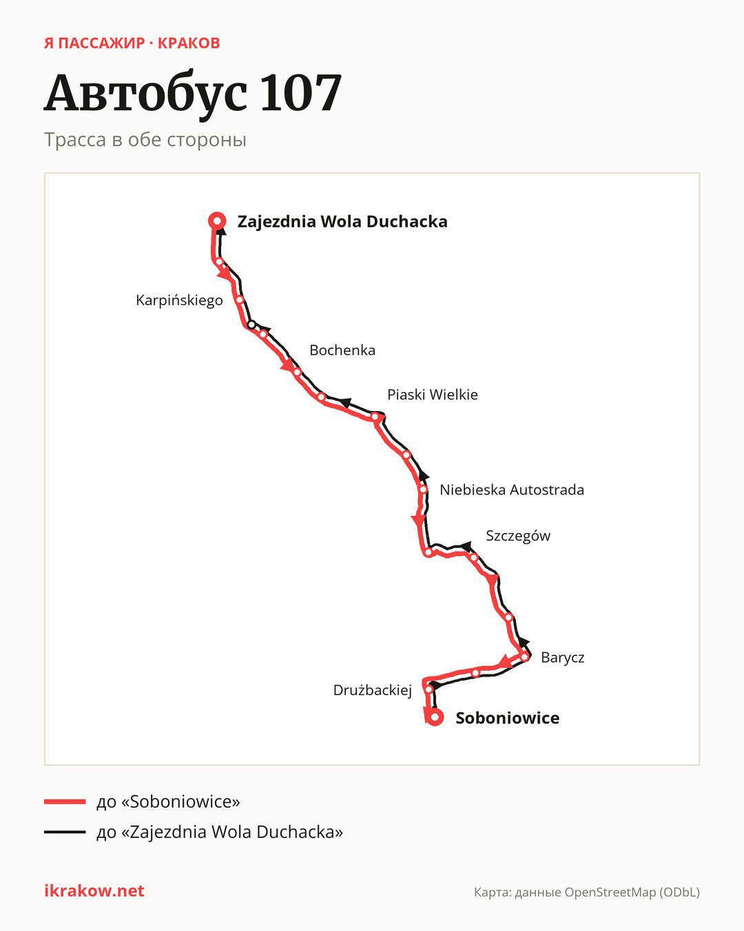 Автобус 107 в Кракове на карте: трасса в обе стороны