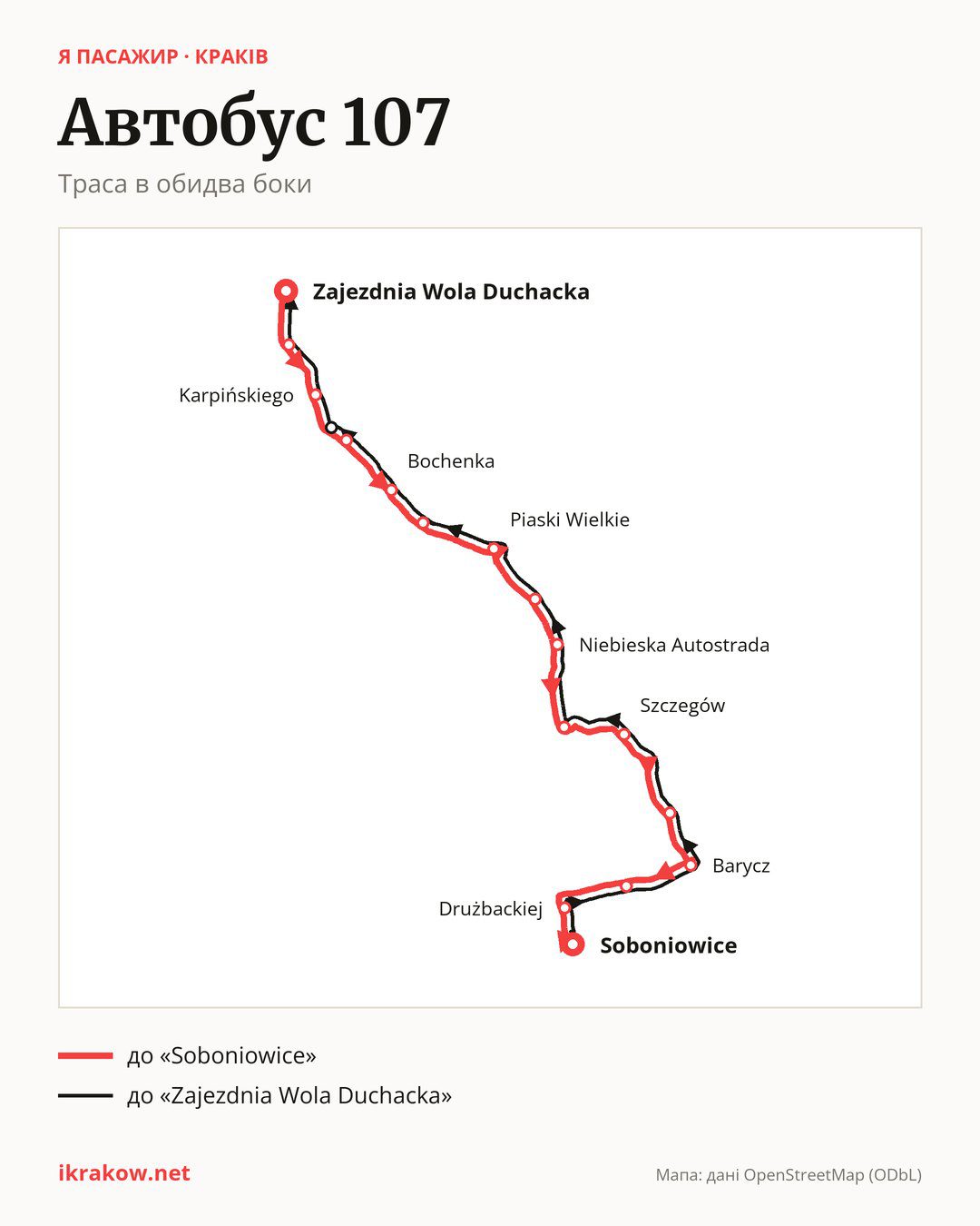 Автобус 107 у Кракові на мапі: траса в обидва боки