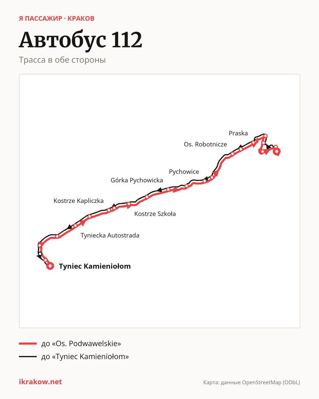 Автобус 112 в Кракове на карте: трасса в обе стороны