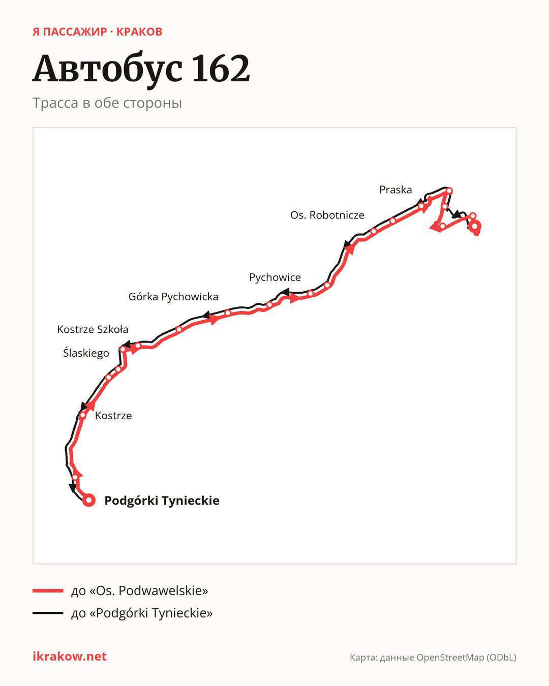 Автобус 162 в Кракове на карте: трасса в обе стороны