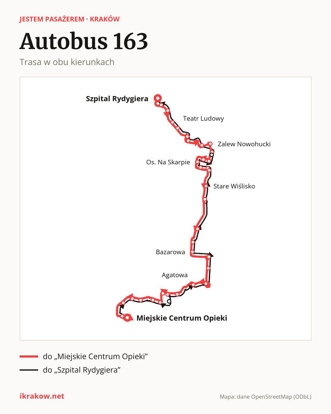 Autobus 163 w Krakowie na mapie: trasa w obu kierunkach