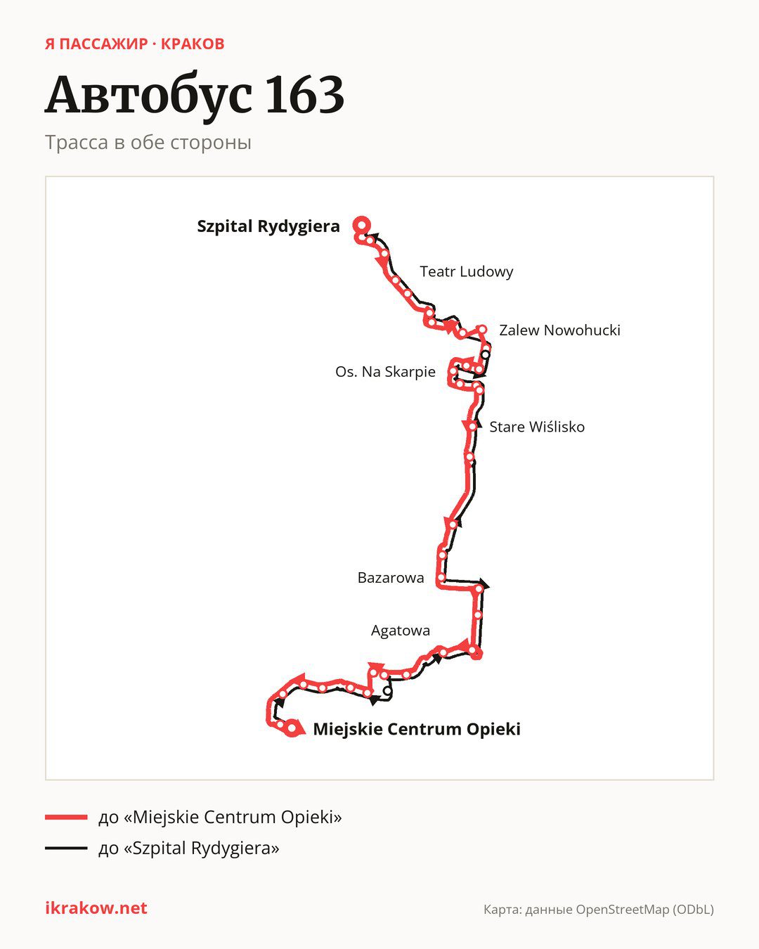 Автобус 163 в Кракове на карте: трасса в обе стороны