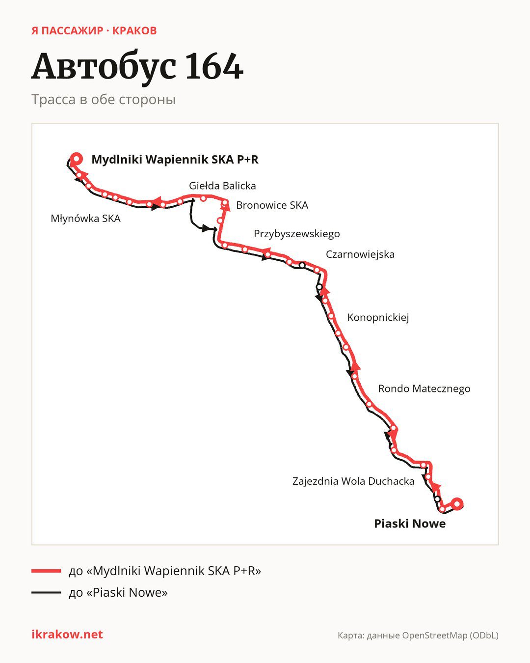 Автобус 164 в Кракове на карте: трасса в обе стороны