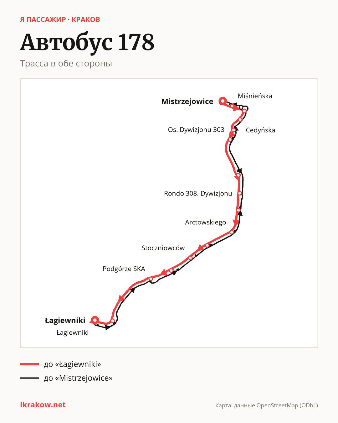 Автобус 178 в Кракове на карте: трасса в обе стороны