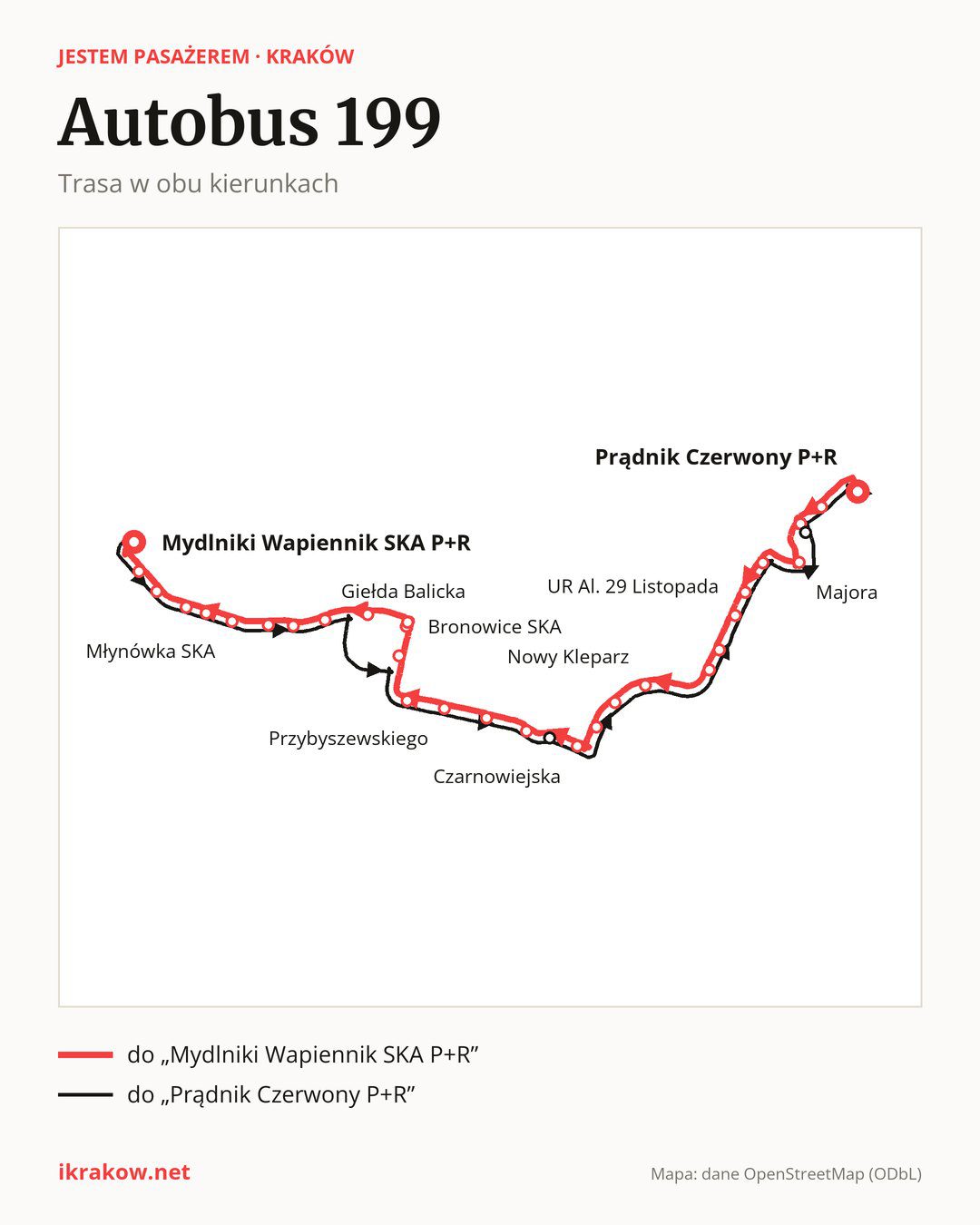 Autobus 199 w Krakowie na mapie: trasa w obu kierunkach