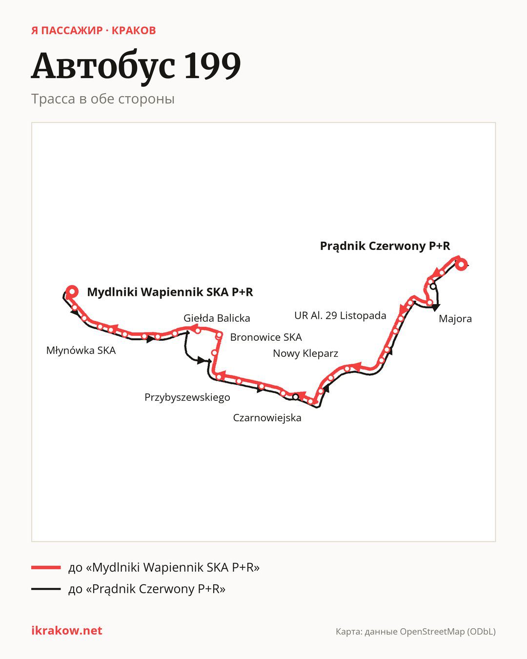 Автобус 199 в Кракове на карте: трасса в обе стороны