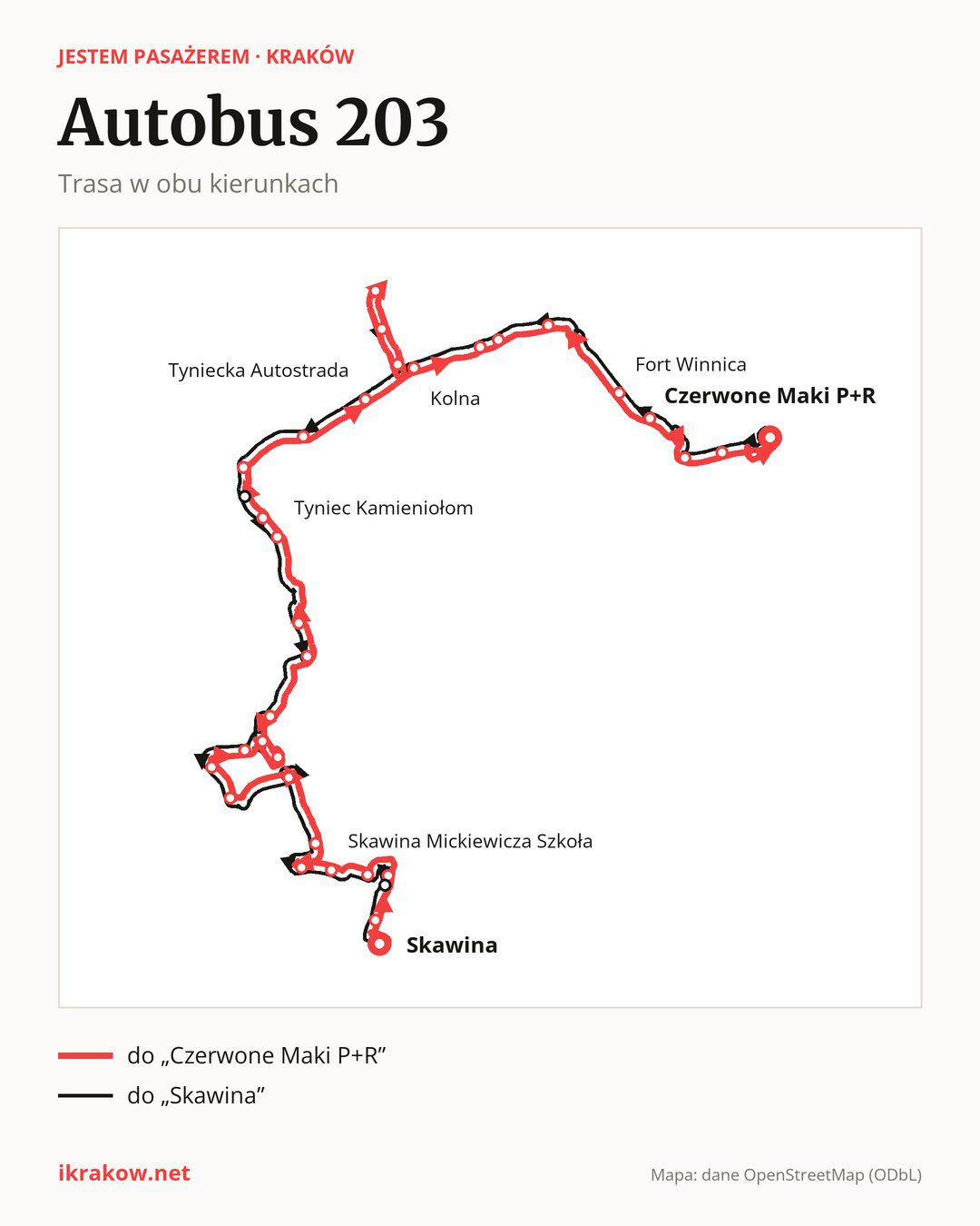 Autobus 203 w Krakowie na mapie: trasa w obu kierunkach