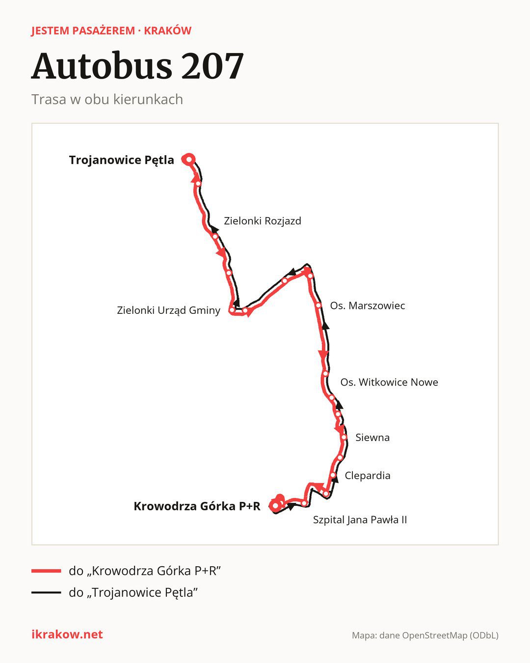 Autobus 207 w Krakowie na mapie: trasa w obu kierunkach
