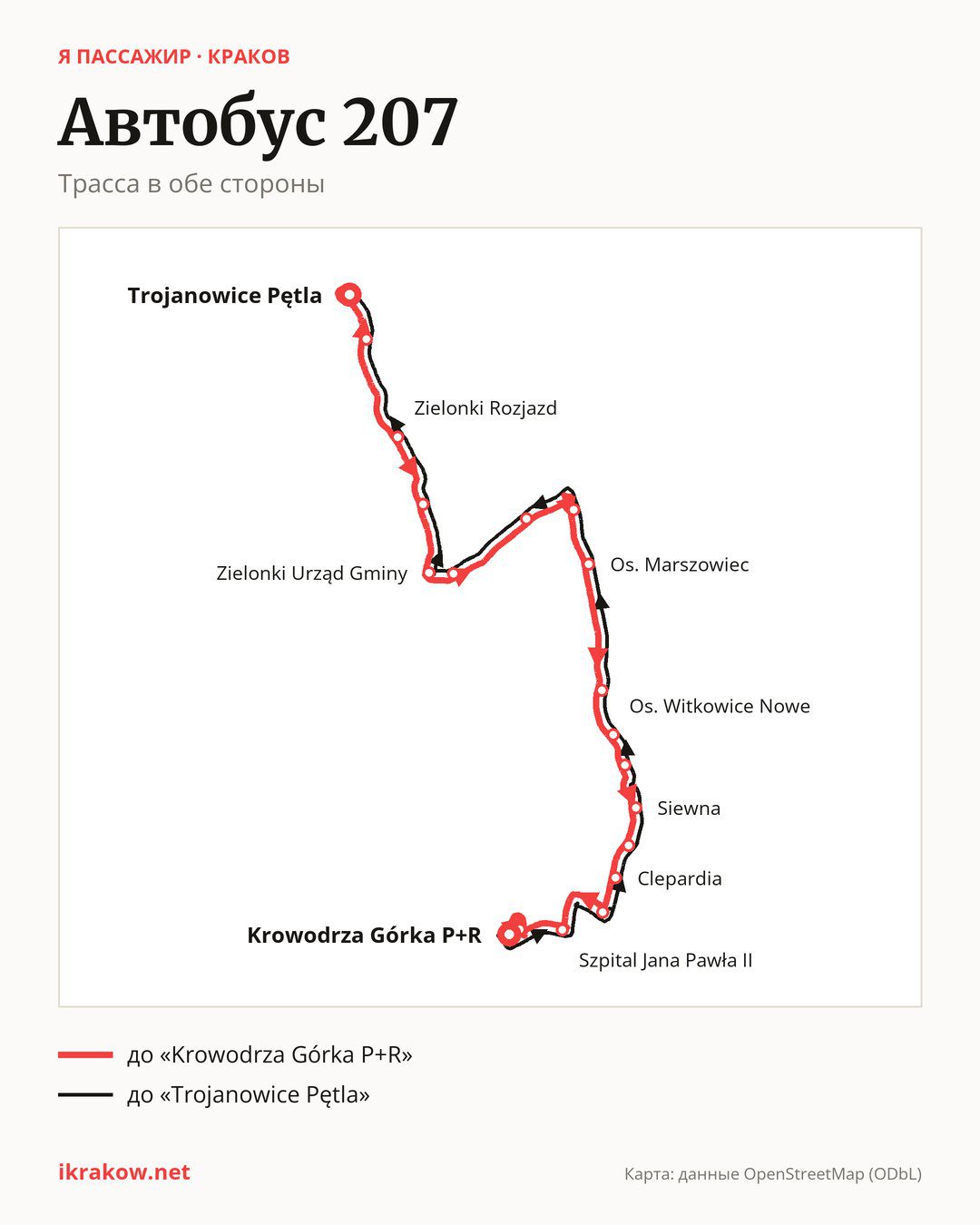 Автобус 207 в Кракове на карте: трасса в обе стороны