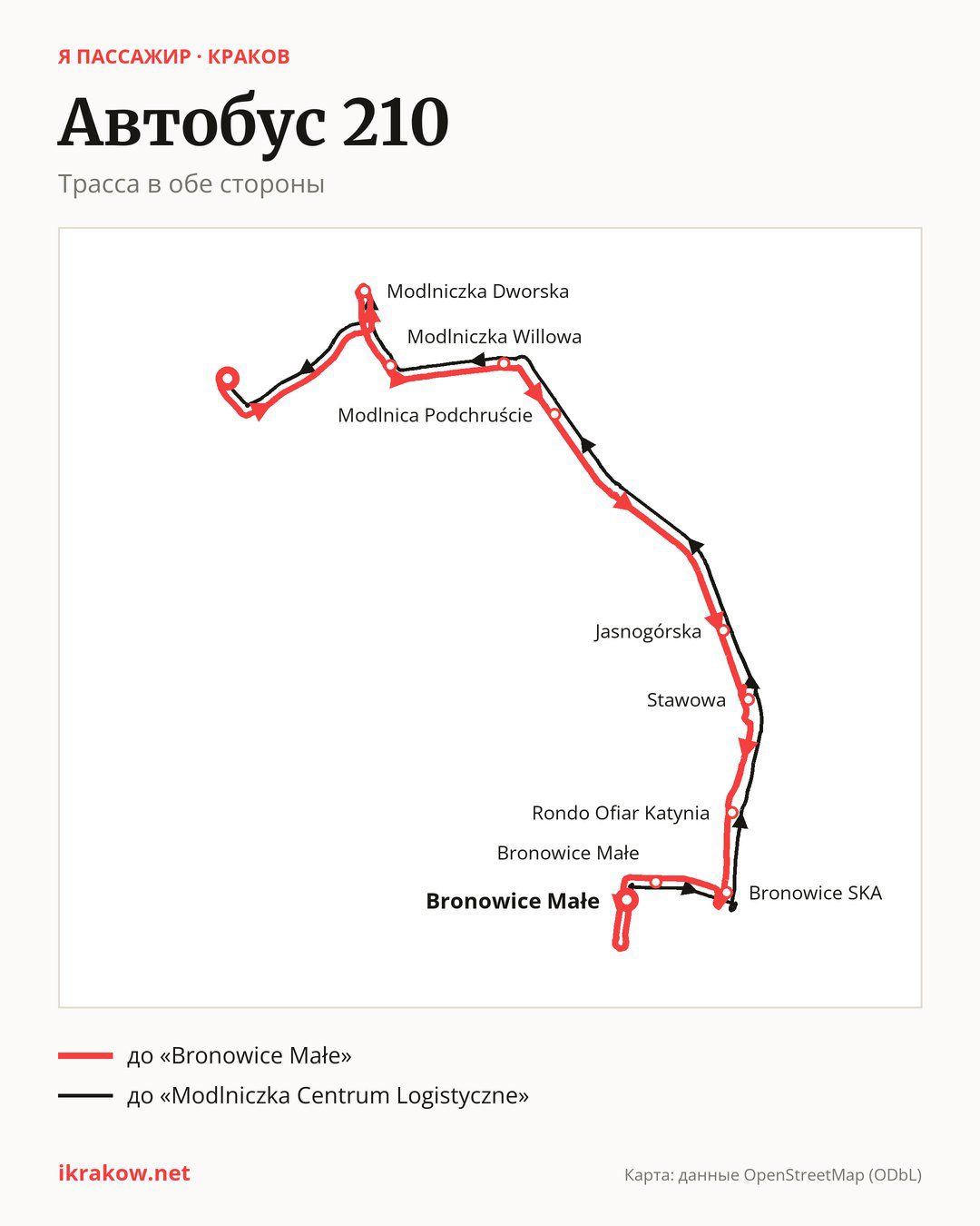 Автобус 210 в Кракове на карте: трасса в обе стороны