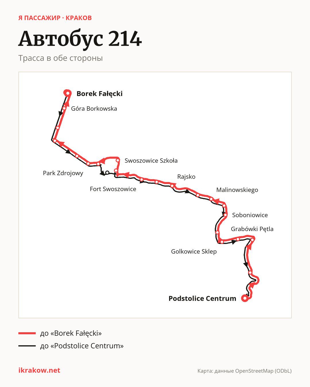 Автобус 214 в Кракове на карте: трасса в обе стороны