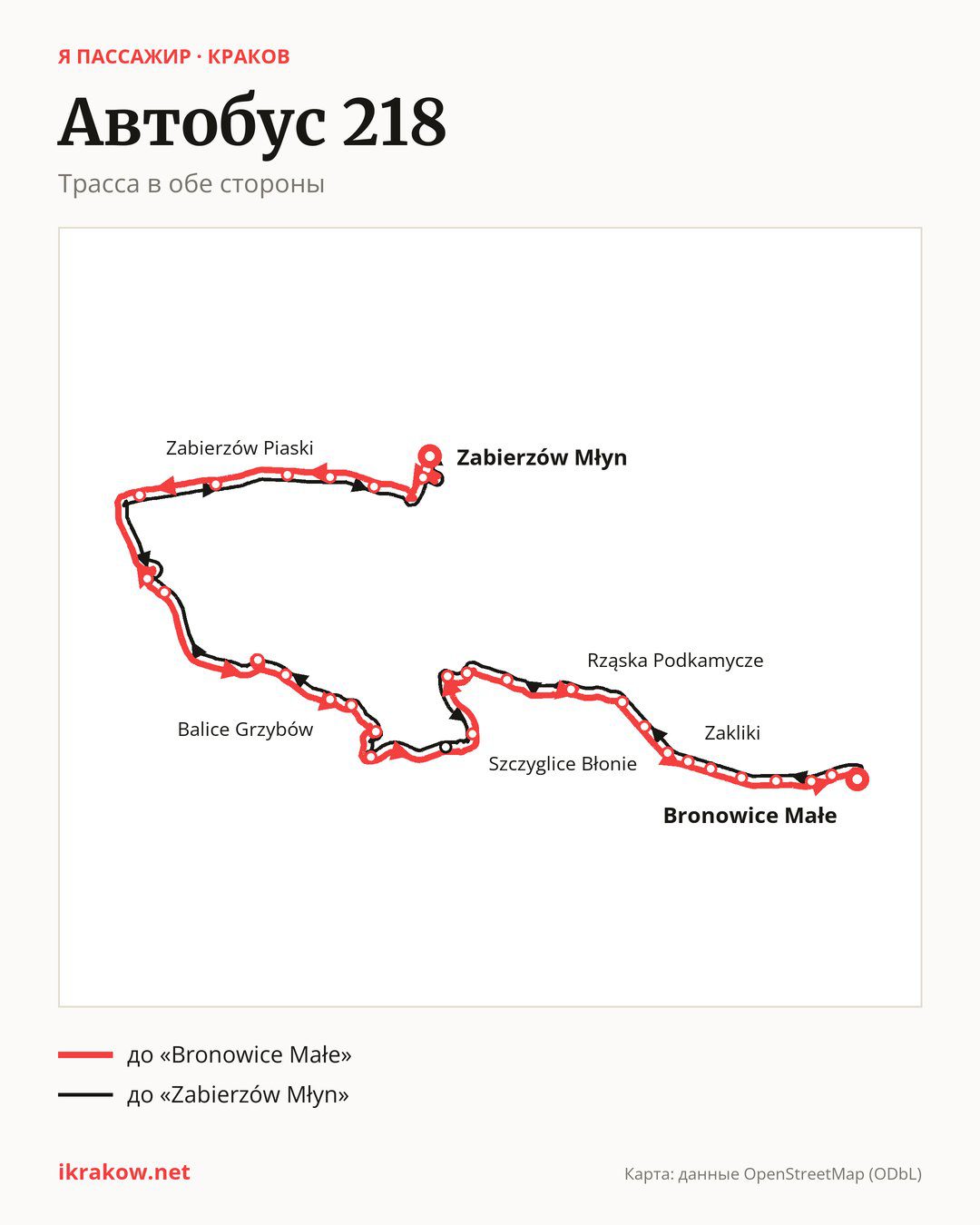 Автобус 218 в Кракове на карте: трасса в обе стороны