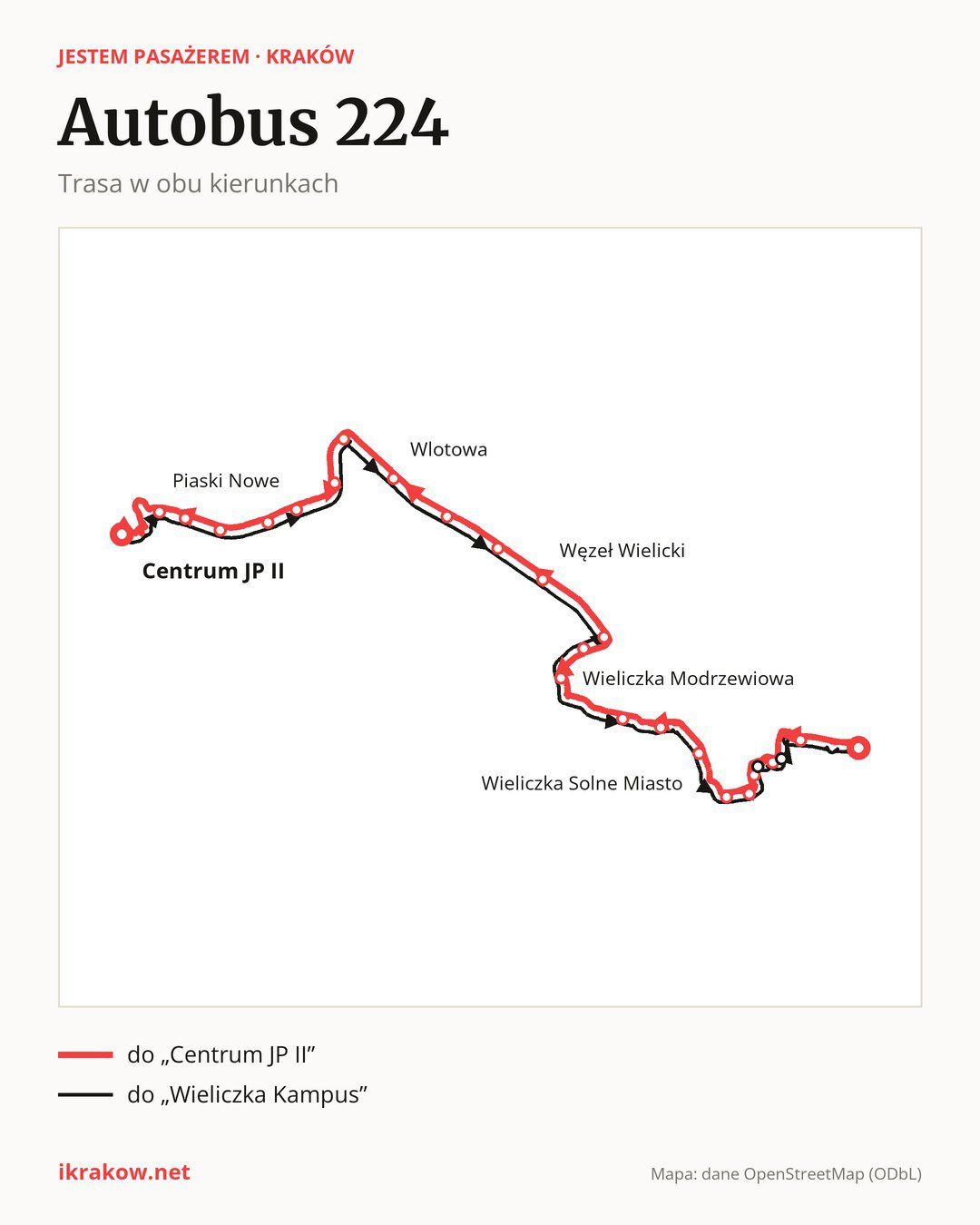 Autobus 224 w Krakowie na mapie: trasa w obu kierunkach