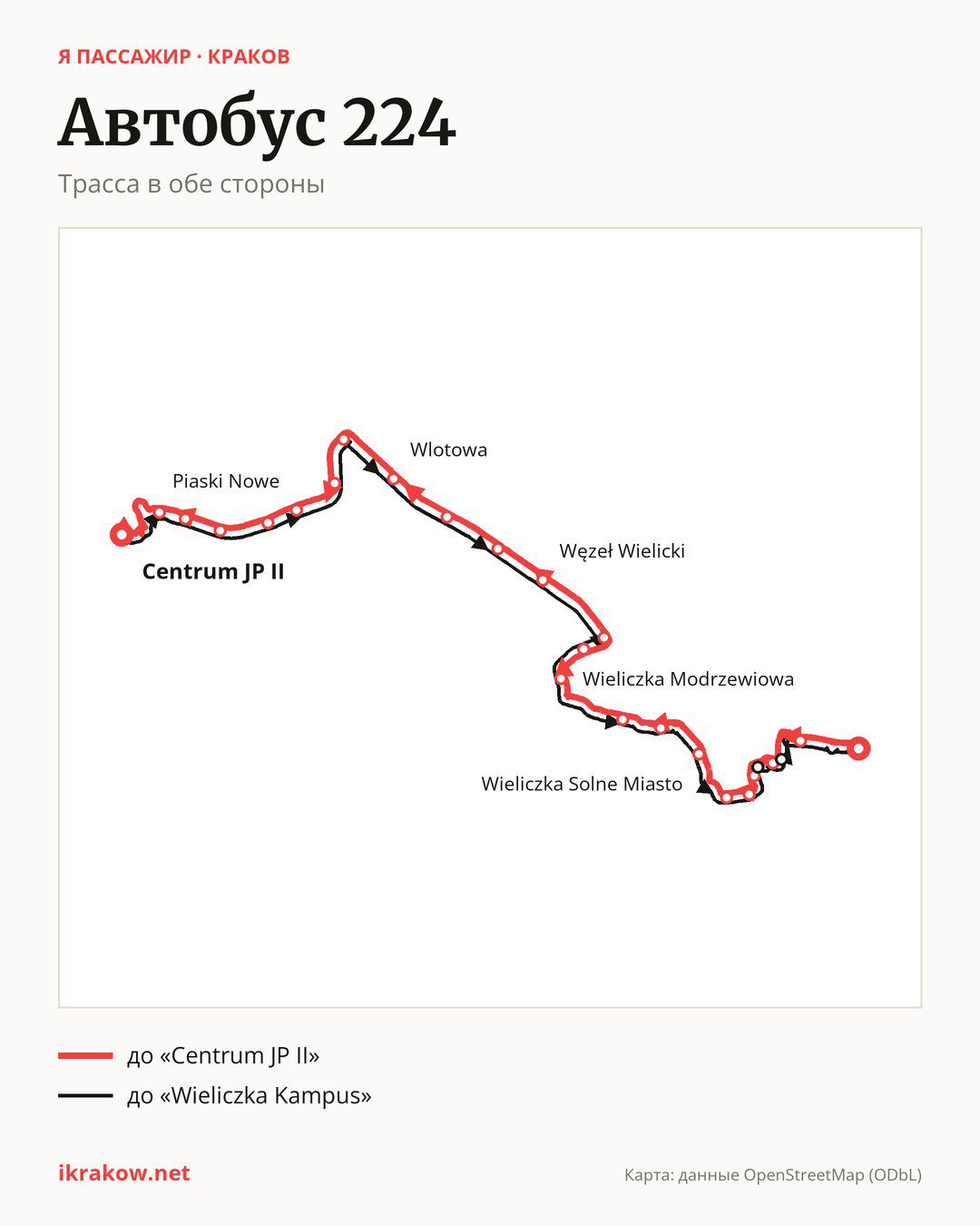 Автобус 224 в Кракове на карте: трасса в обе стороны