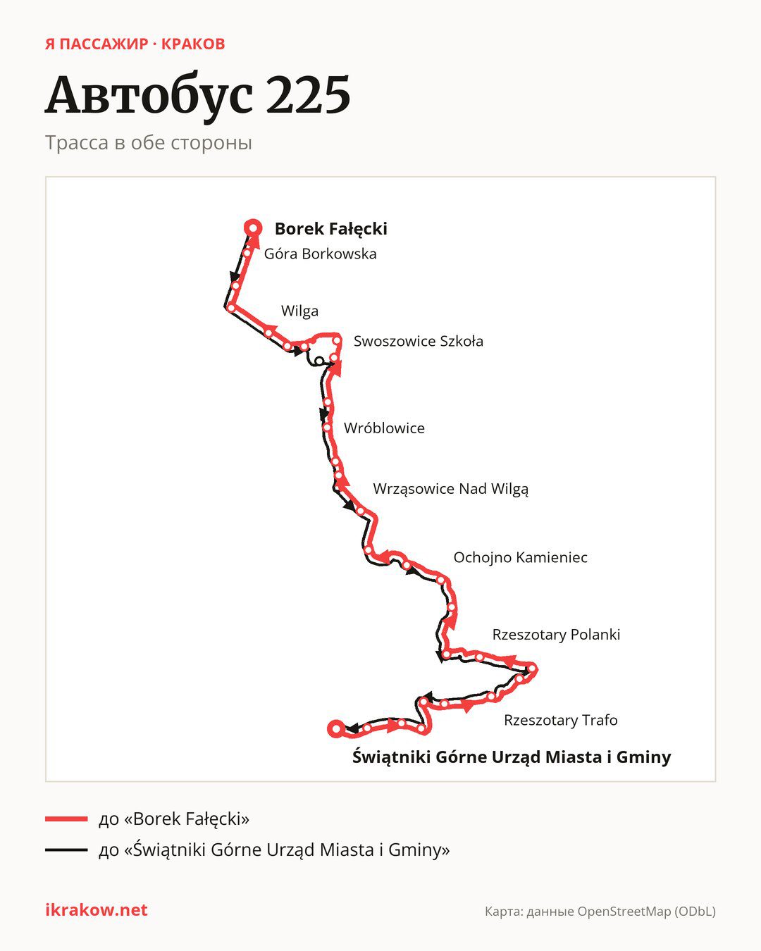 Автобус 225 в Кракове на карте: трасса в обе стороны