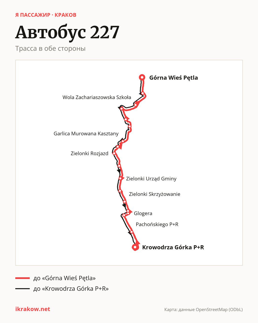 Автобус 227 в Кракове на карте: трасса в обе стороны
