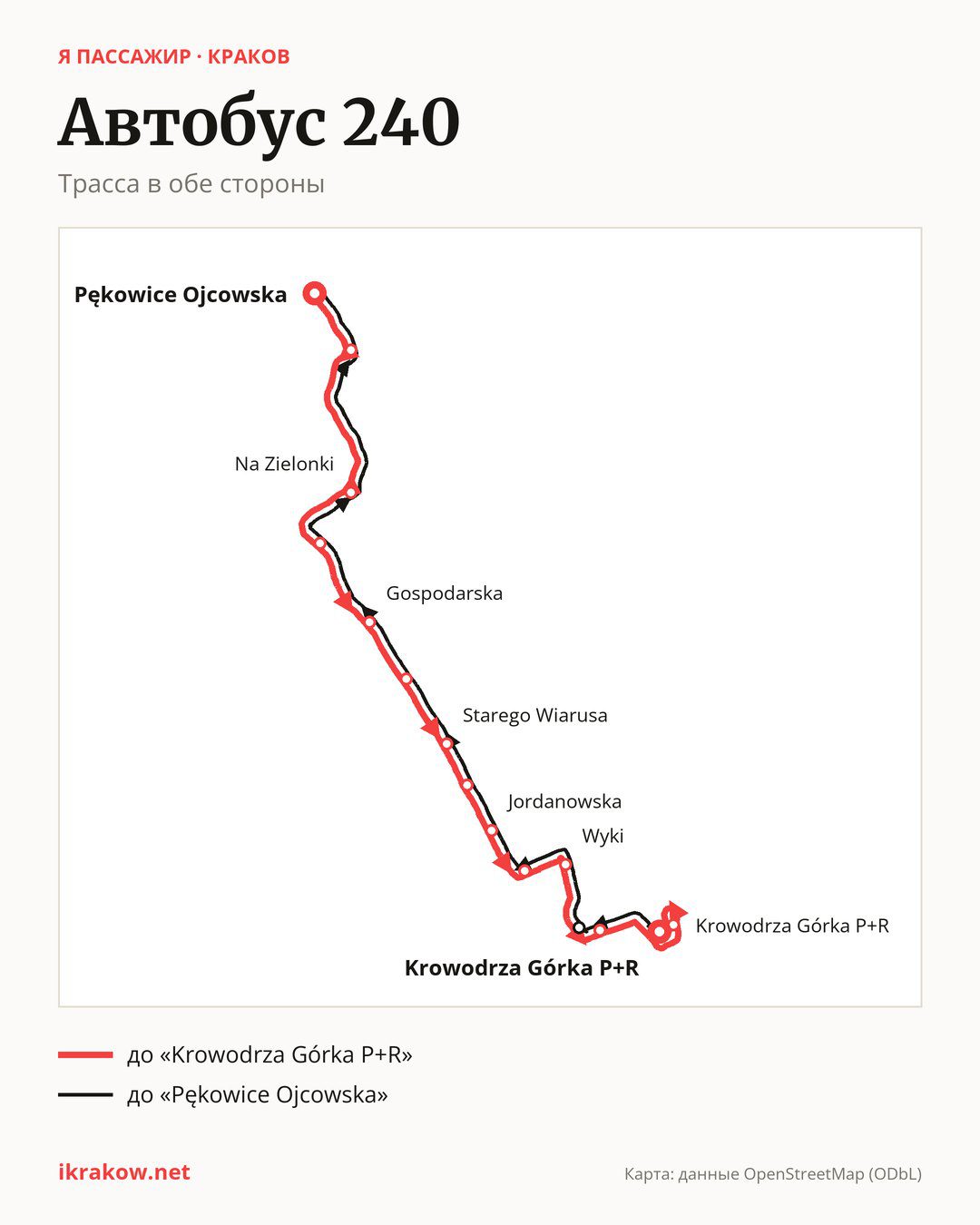 Автобус 240 в Кракове на карте: трасса в обе стороны