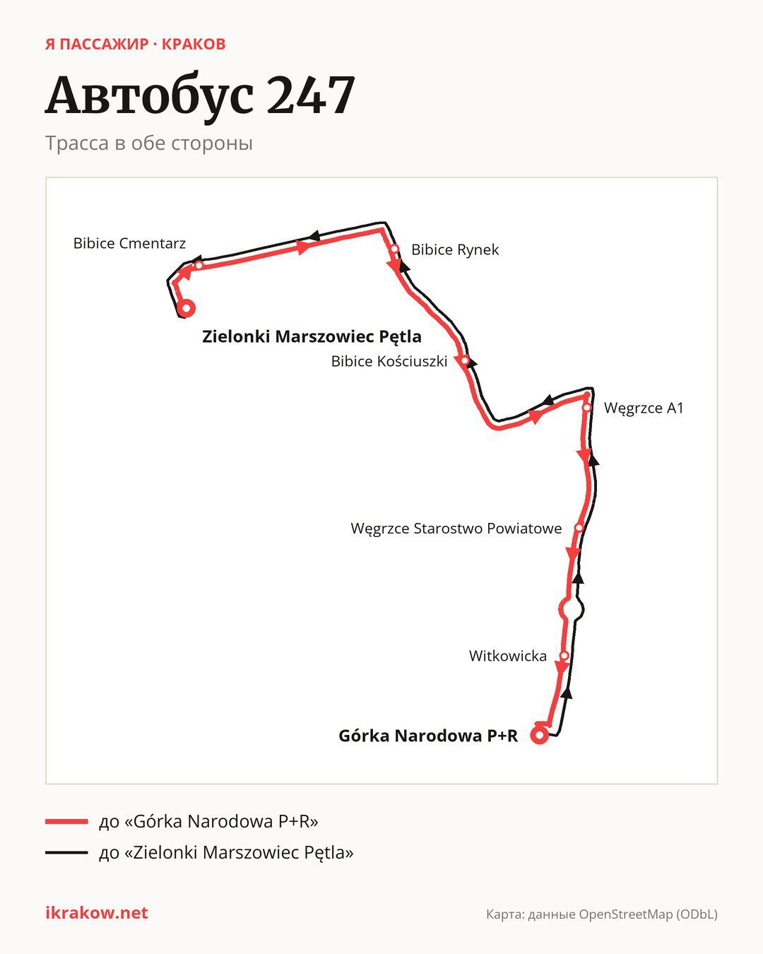 Автобус 247 в Кракове на карте: трасса в обе стороны