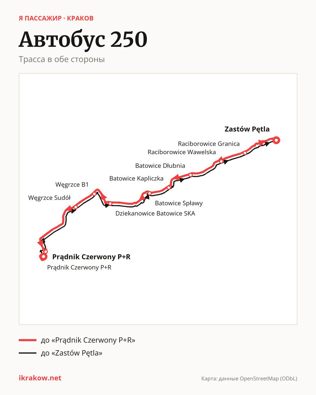 Автобус 250 в Кракове на карте: трасса в обе стороны