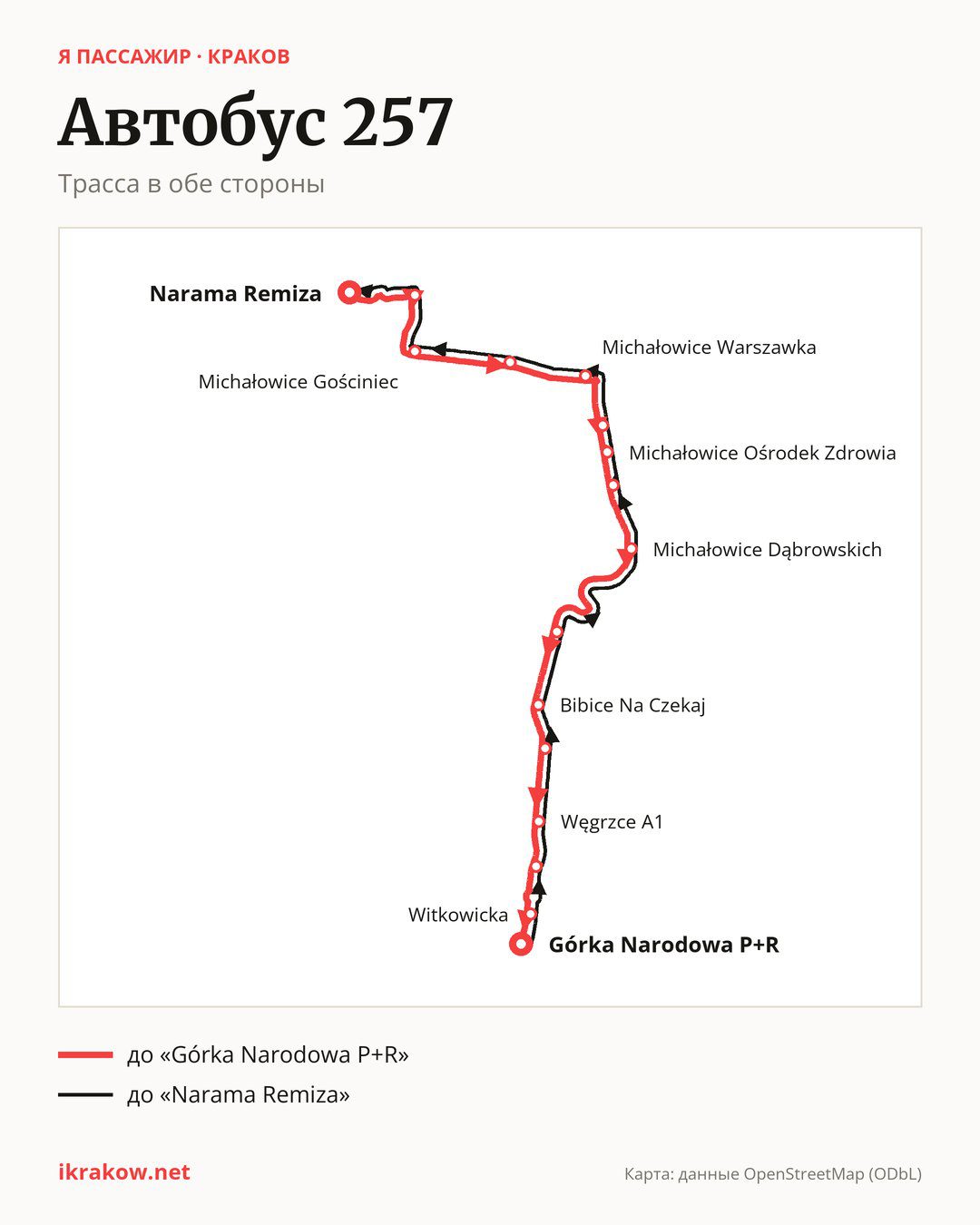 Автобус 257 в Кракове на карте: трасса в обе стороны