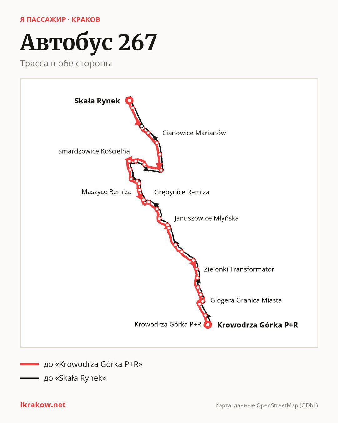 Автобус 267 в Кракове на карте: трасса в обе стороны