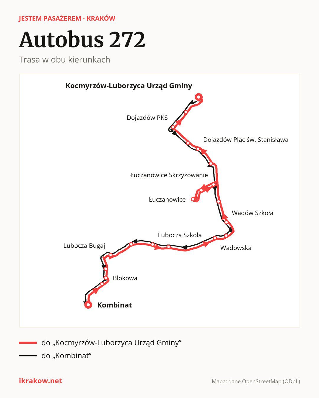 Autobus 272 w Krakowie na mapie: trasa w obu kierunkach