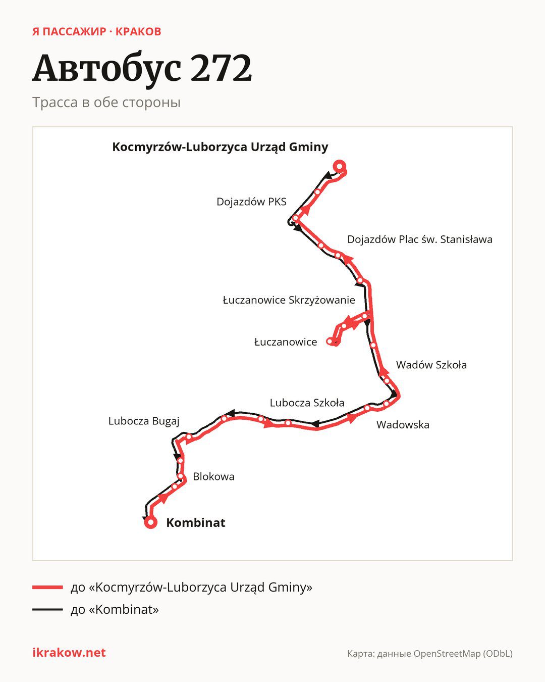 Автобус 272 в Кракове на карте: трасса в обе стороны