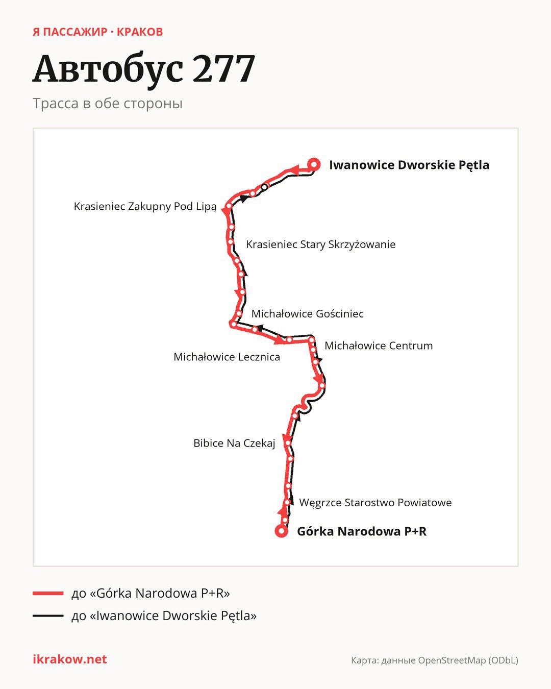 Автобус 277 в Кракове на карте: трасса в обе стороны