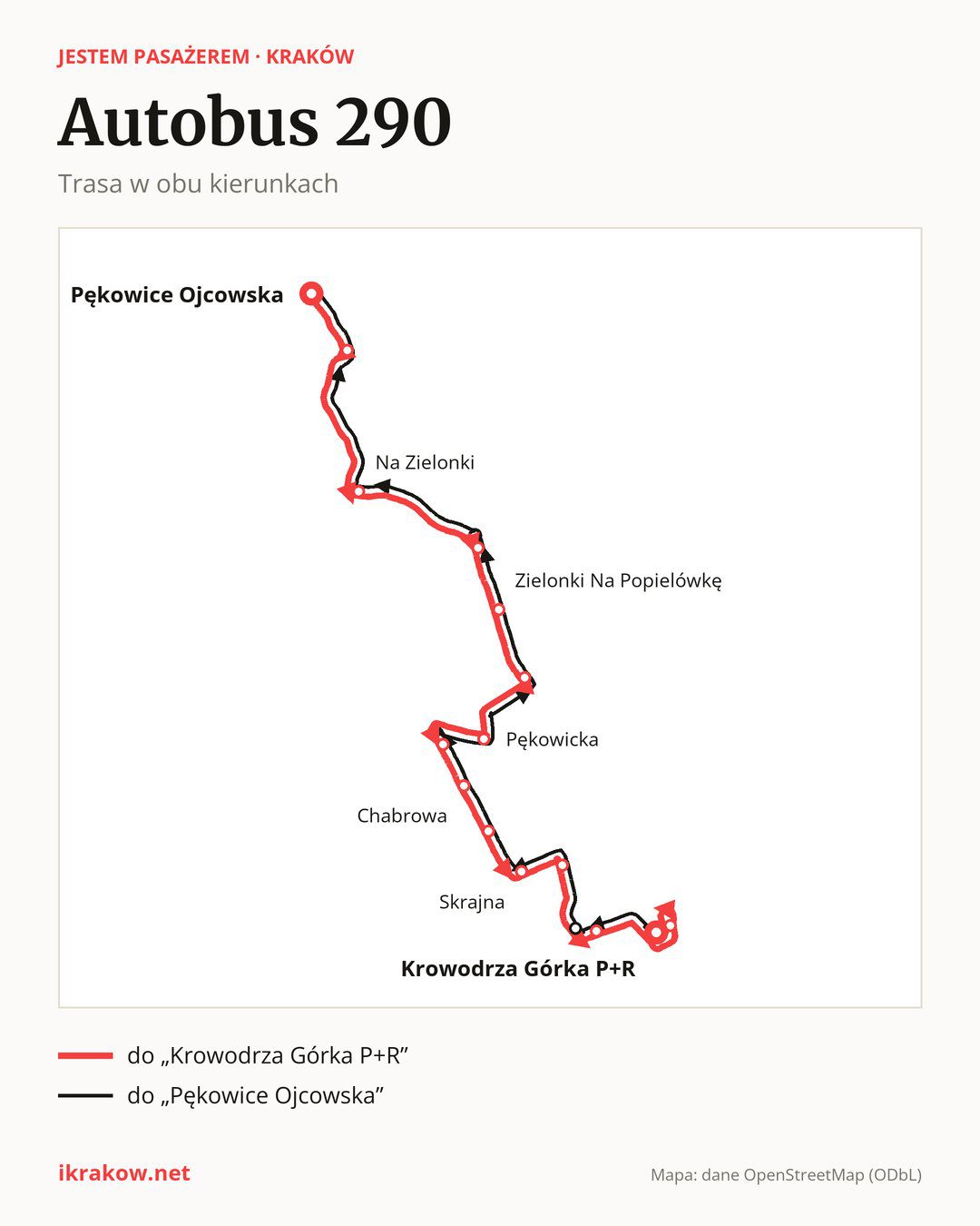 Autobus 290 w Krakowie na mapie: trasa w obu kierunkach