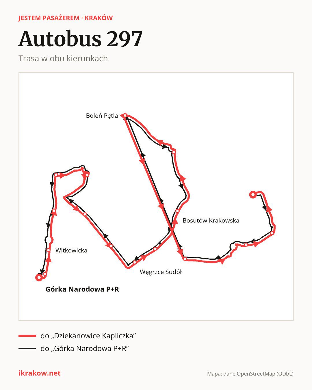 Autobus 297 w Krakowie na mapie: trasa w obu kierunkach