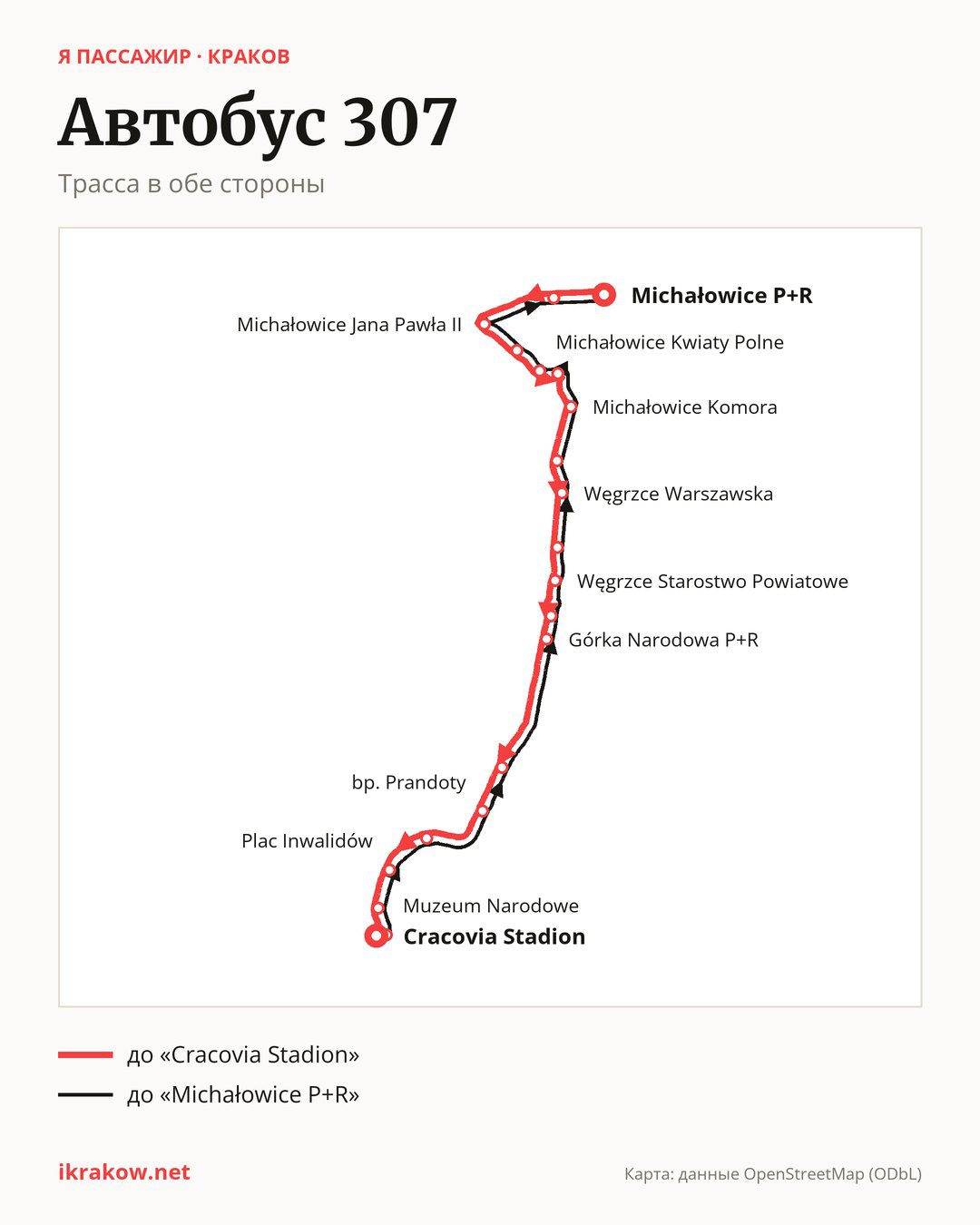 Автобус 307 в Кракове на карте: трасса в обе стороны