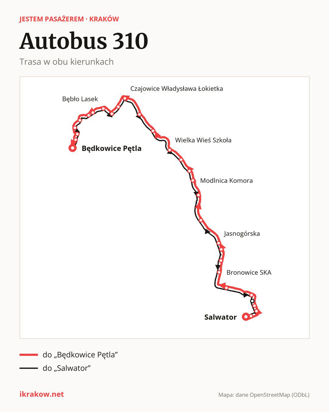 Autobus 310 w Krakowie na mapie: trasa w obu kierunkach