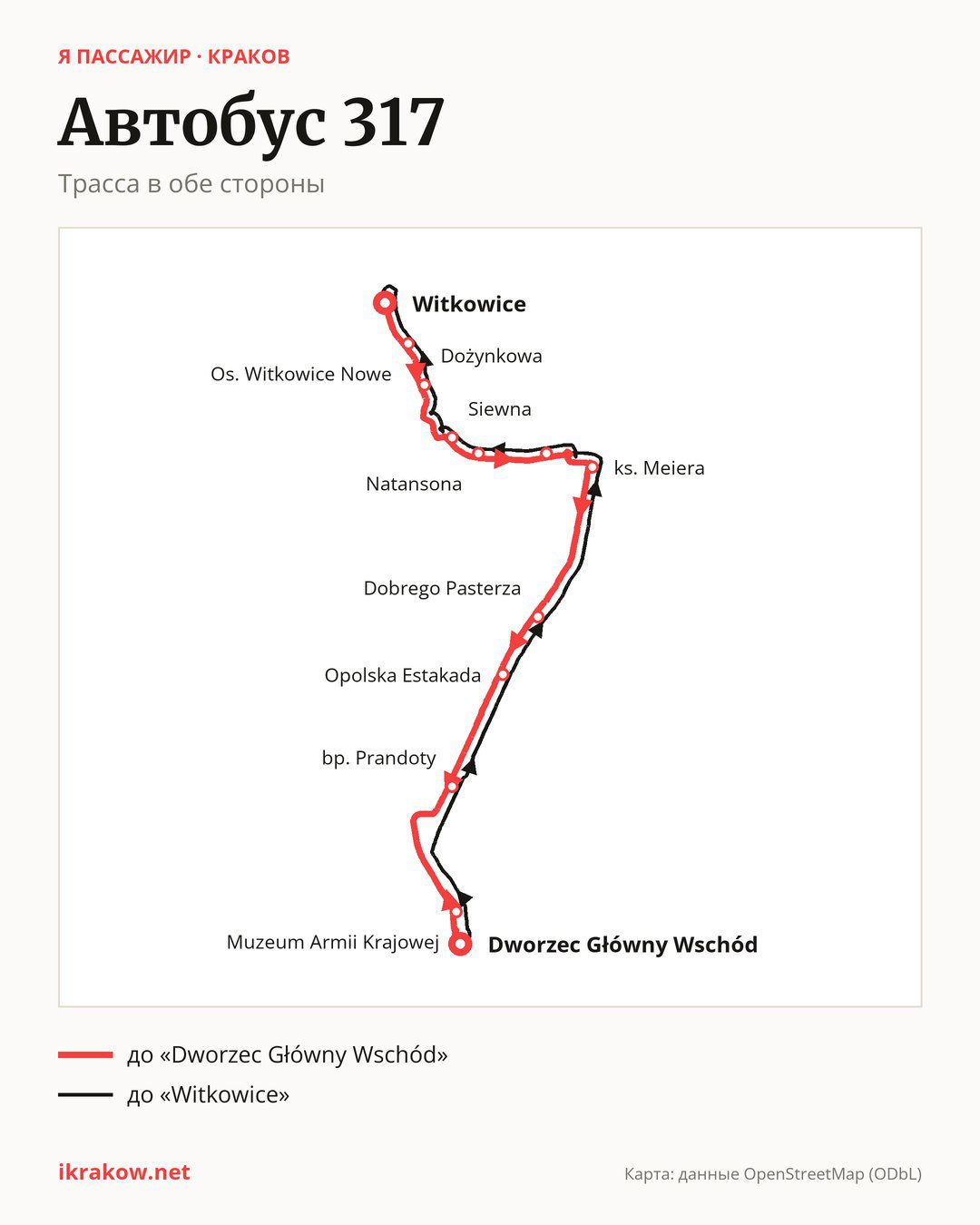 Автобус 317 в Кракове на карте: трасса в обе стороны