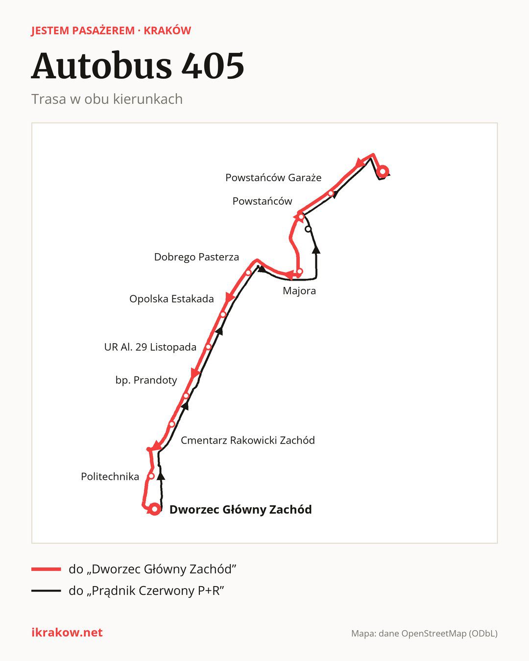 Autobus 405 w Krakowie na mapie: trasa w obu kierunkach