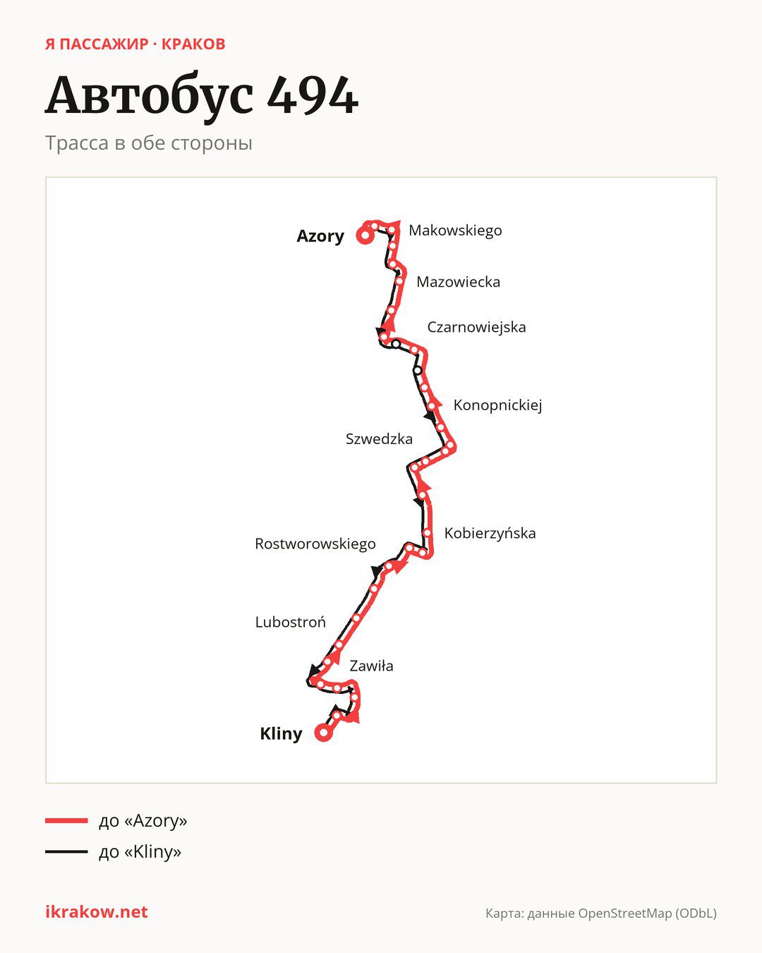 Автобус 494 в Кракове на карте: трасса в обе стороны