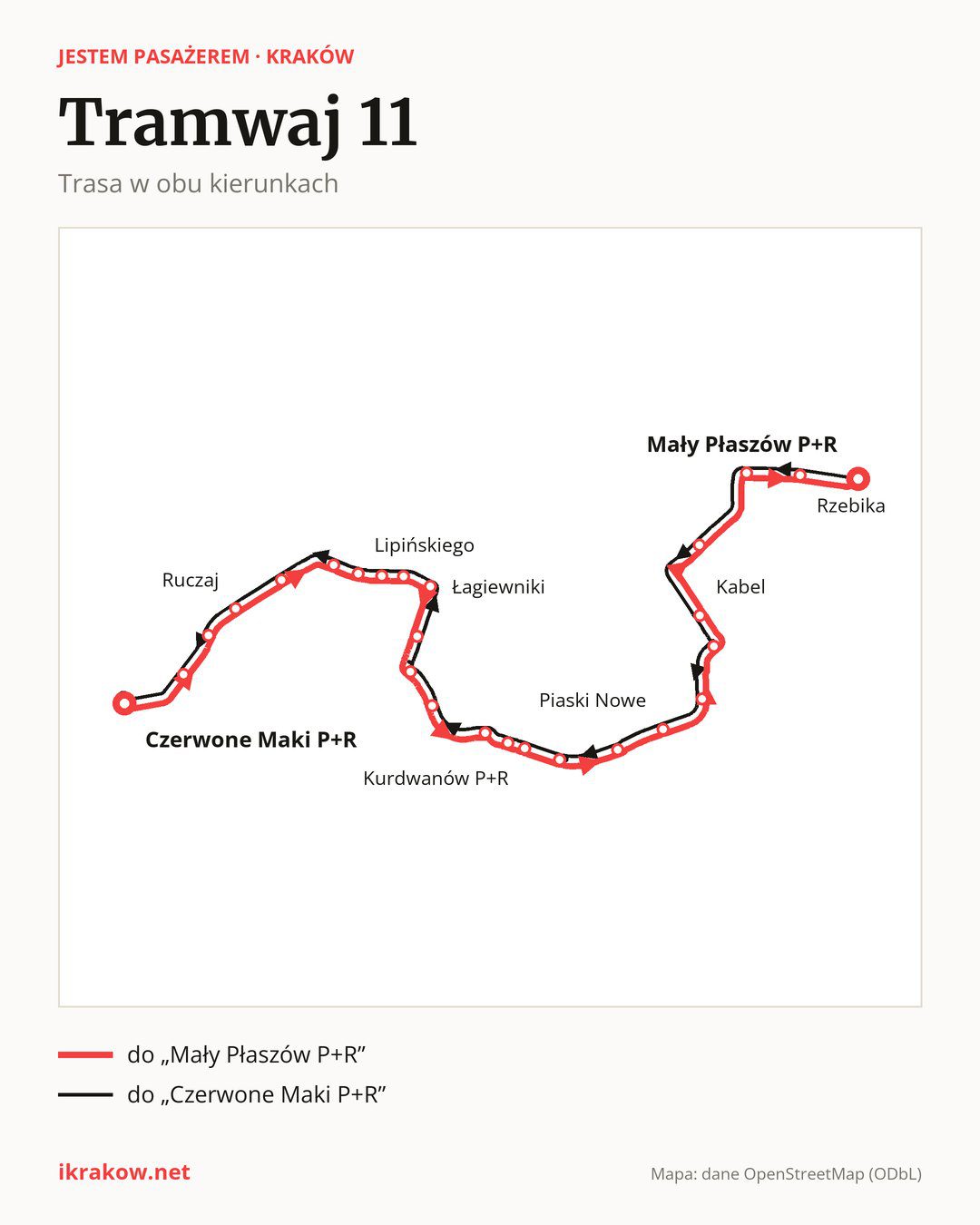 Tramwaj 11 w Krakowie na mapie: trasa w obu kierunkach