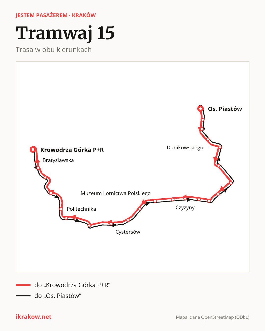 Tramwaj 15 w Krakowie na mapie: trasa w obu kierunkach