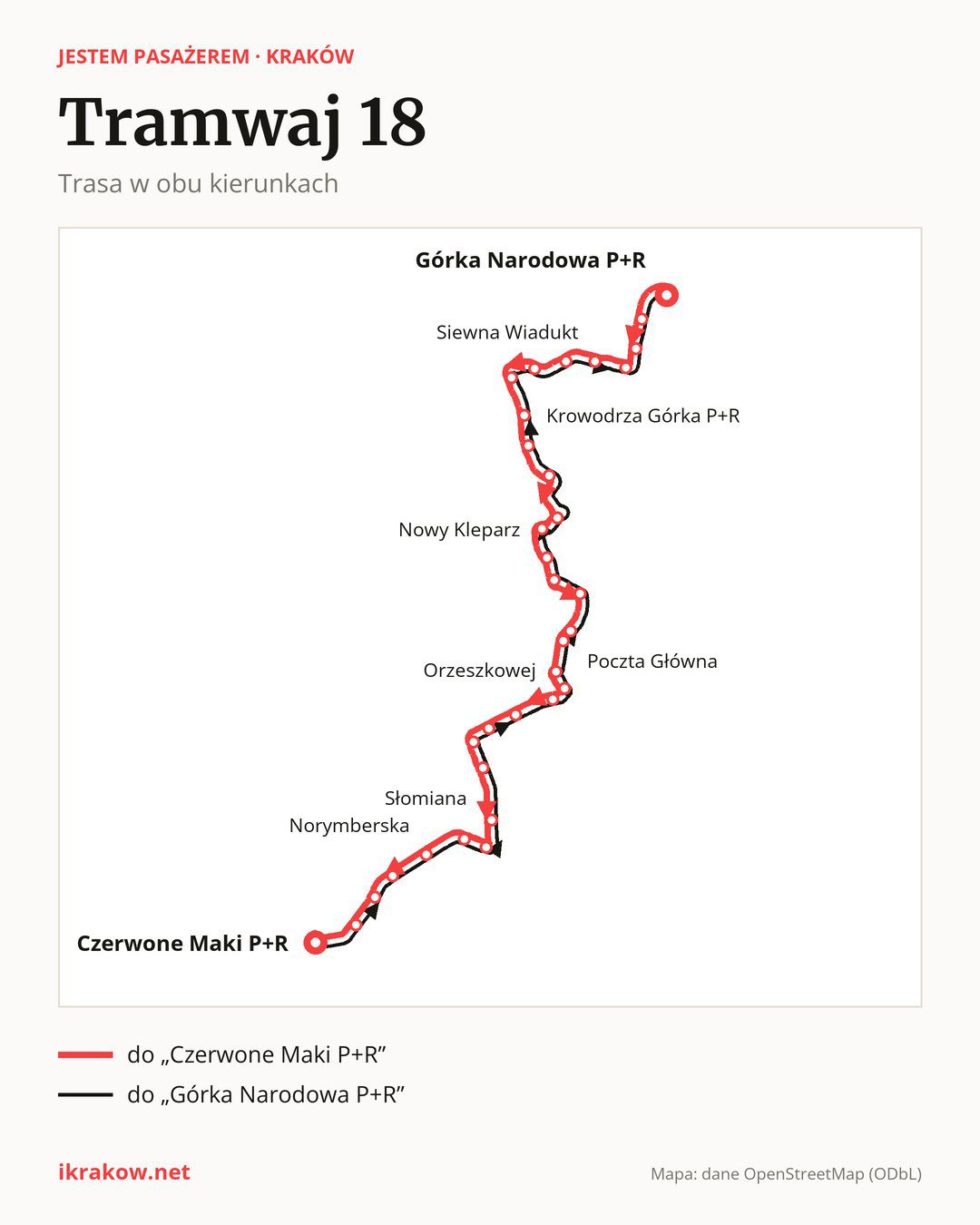 Tramwaj 18 w Krakowie na mapie: trasa w obu kierunkach
